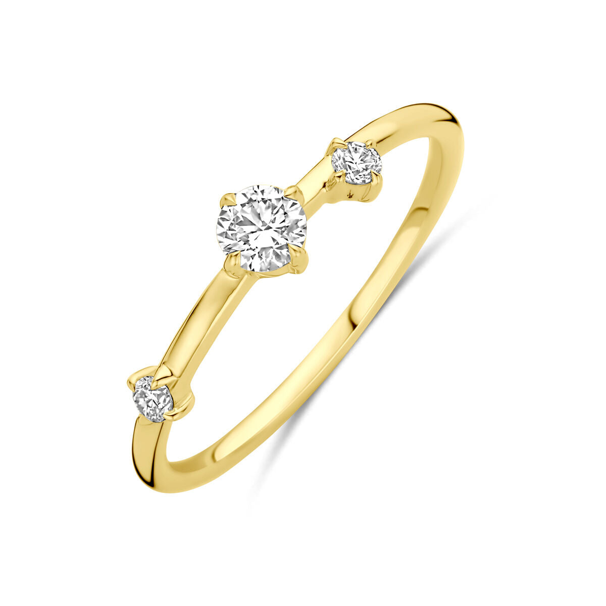 Pierścionek z lab-grown diamentem 0,25 ct w oprawie z 14K żółtego złota z dwoma mniejszymi diamentami.