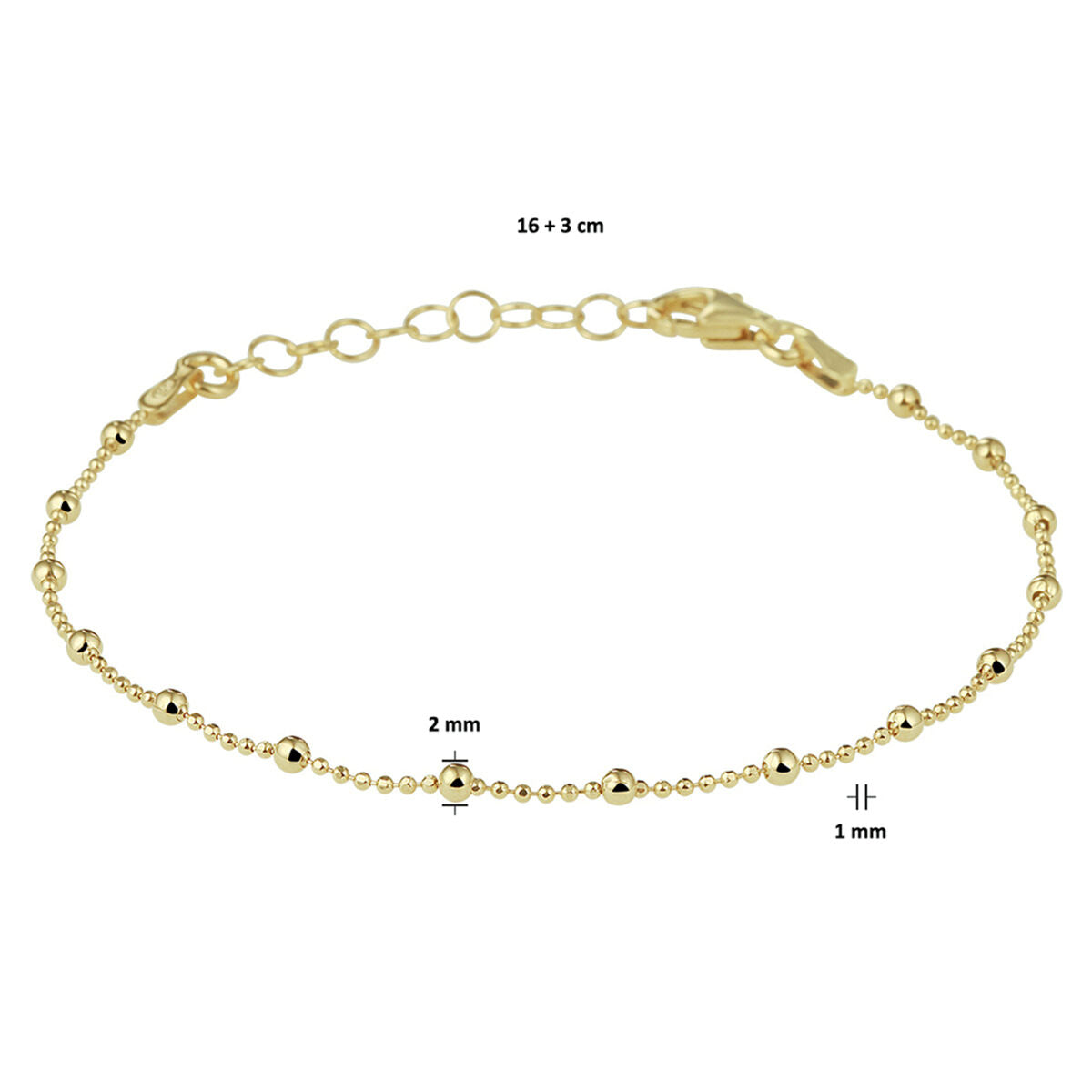 bransoletka kuleczki 2,0 mm 16 + 3 cm 3 mikron srebro pozłacany (żółte)