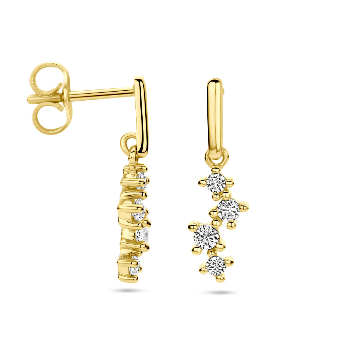 De oorhangers zirkonia 14K geelgoud van Van der Kooij Collectie hebben een strakke gouden bar en een rij fonkelende zirkonia, ideaal voor elegante dames sieraden.