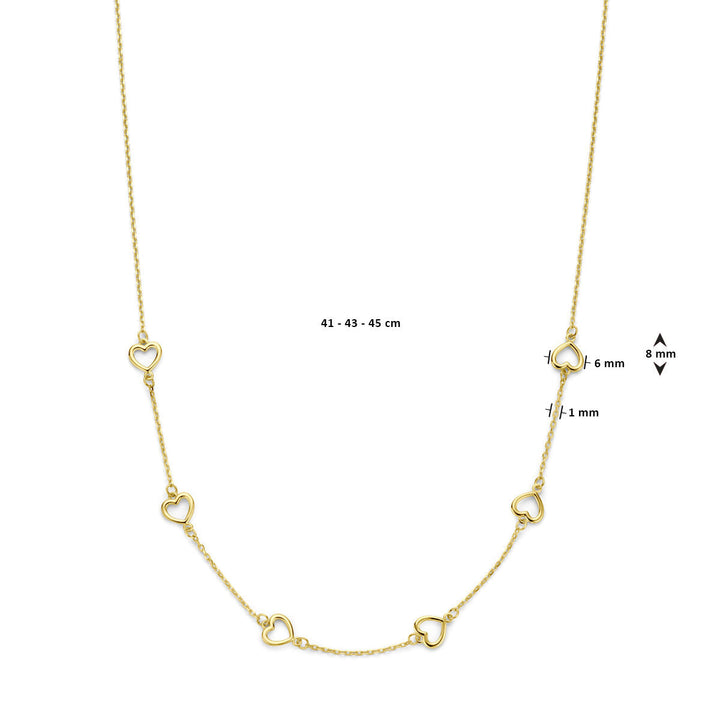 Gouden dames ketting hartjes 14K van Van der Kooij Collectie met vijf open hartjes, gelijkmatig verdeeld over een verstelbare ketting van 41-45 cm. Elk hart bedeltje is 8 mm breed, 6 mm hoog en 1 mm dik.