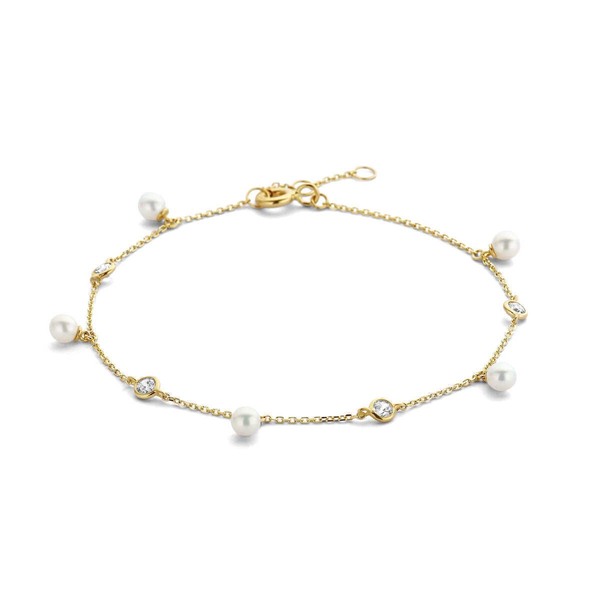 Bransoletka z pereł i cyrkonii w 14K żółtym złocie, o długości 16-17-18 cm.