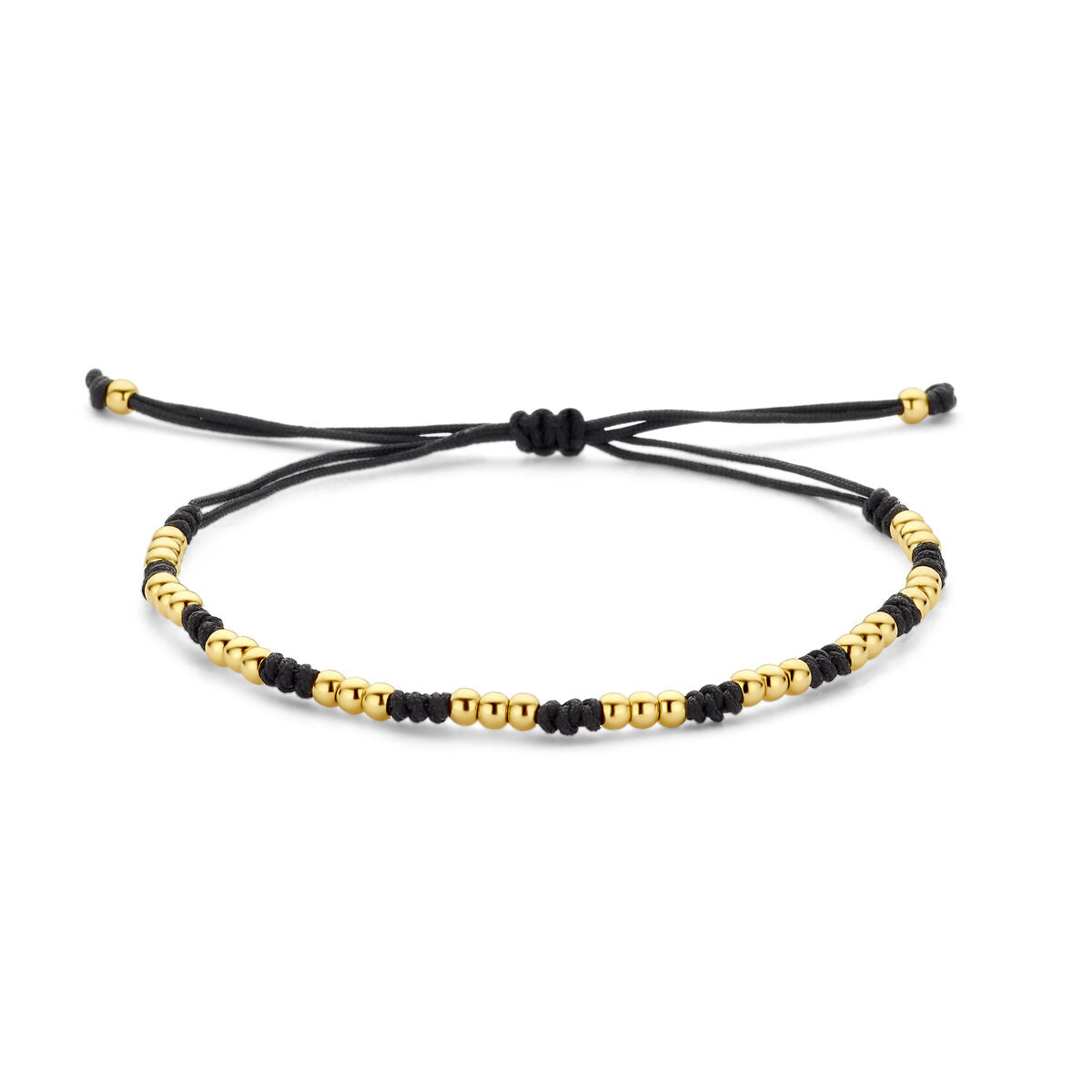 Bransoletka z kulkami 14K złota z czarnym paskiem z gumy/nylonu/skóry, regulowana długość 13-26 cm.