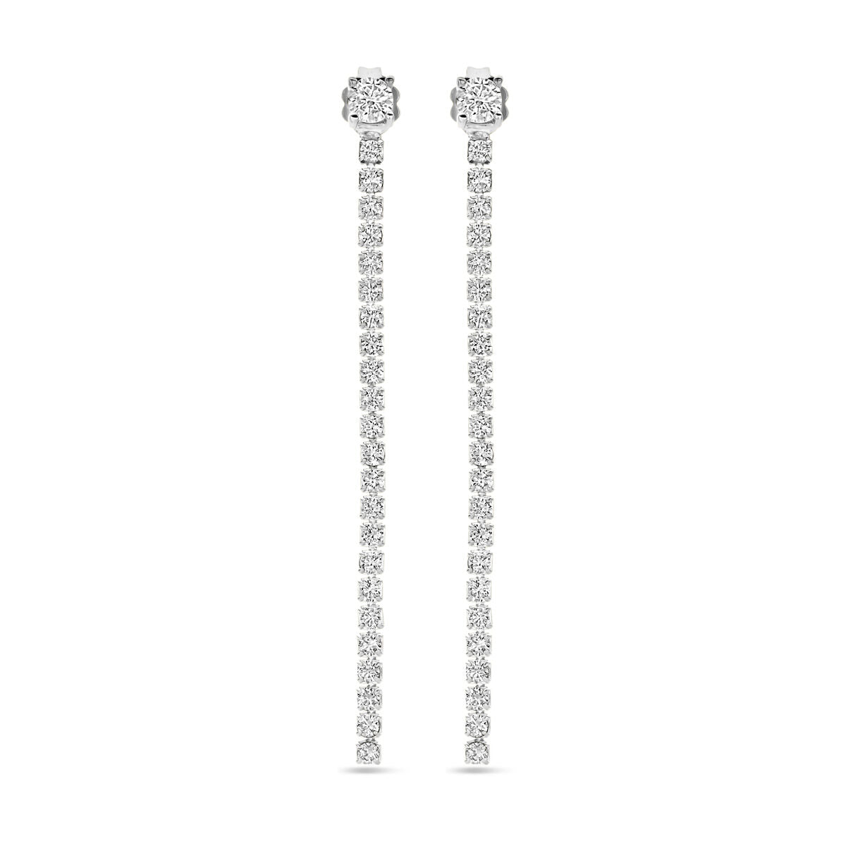 Zilveren gerhodineerde oorhangers van 55 mm met zirkonia stenen in een rechte, elegante lijn.