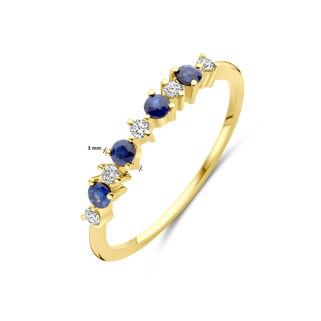 Een delicate Van der Kooij Collectie 14K geelgouden ring met afwisselend ronde blauwe saffier en witte diamant (0.08ct H SI) in een rij, grootste saffier Ø3 mm.