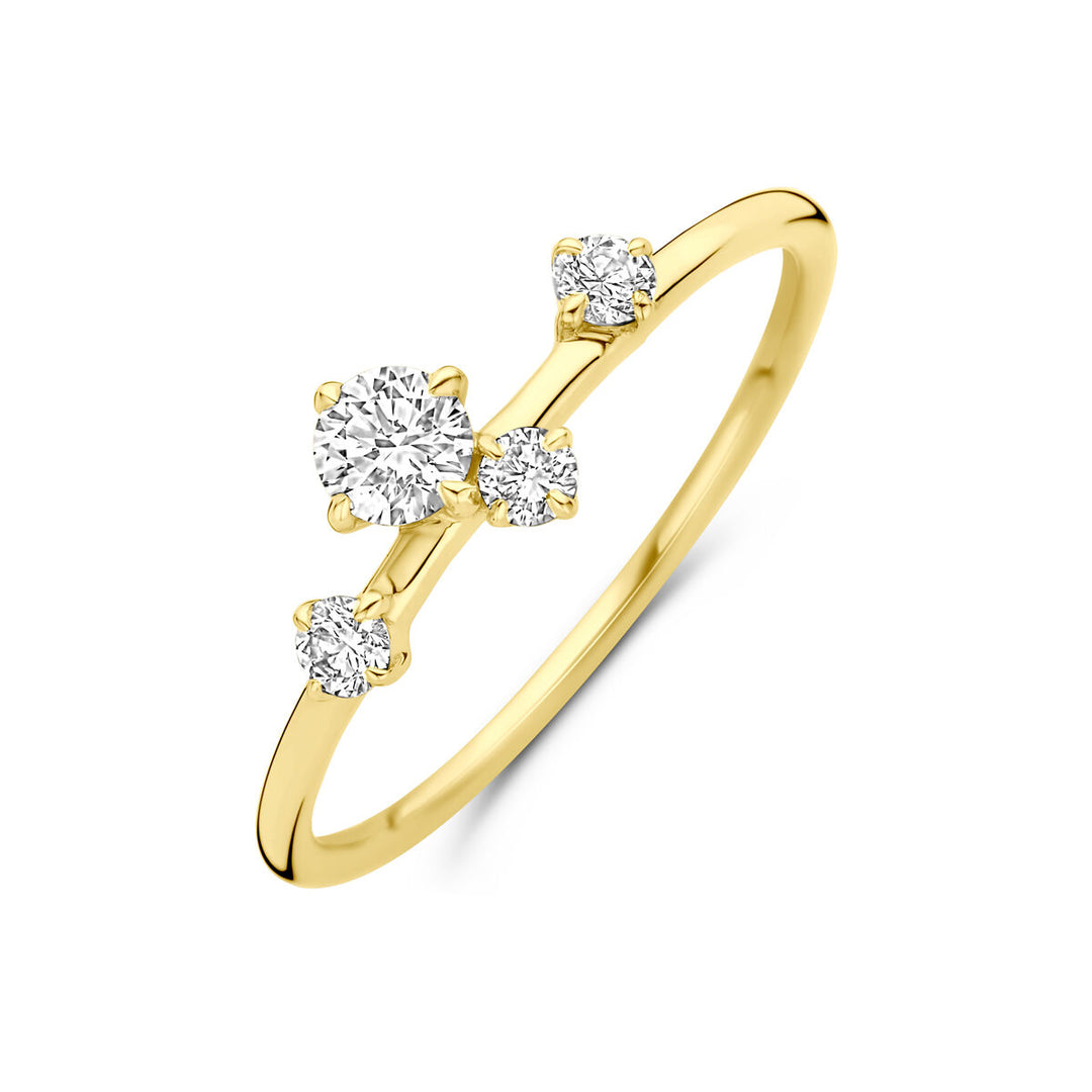 De Van der Kooij Collectie ring lab grown diamant 0,33ct H SI in 14K geelgoud heeft vier ronde lab-grown diamanten van verschillende grootte in een diagonaal cluster op een dunne band, afgebeeld tegen een witte achtergrond.
