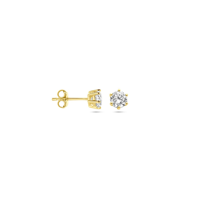 Van der Kooij Collectie oorknoppen zirkonia 14K geelgoud: dames oorbellen met één ronde zirkonia in een zespoots zetting, getoond van voren en opzij op een witte achtergrond.