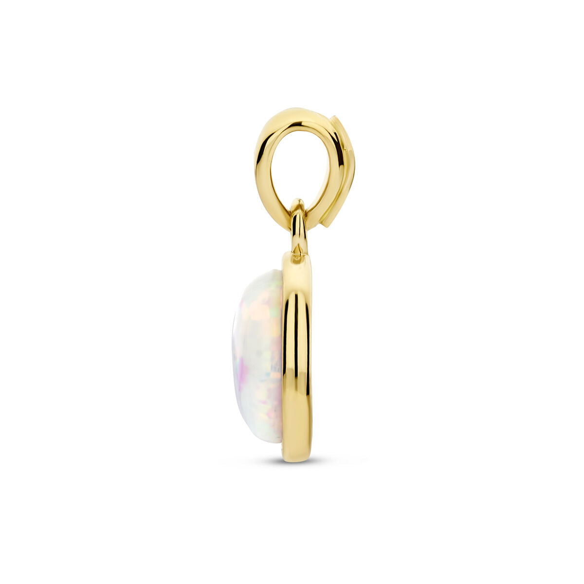 Zijaanzicht van de Van der Kooij Collectie hanger met opaal 14K geelgoud, met een ronde witte opaal gezet in geelgoud, hangend aan een lus van gepolijst goud tegen een effen witte achtergrond.