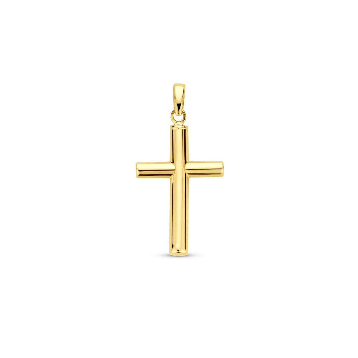 Hanger in de vorm van een kruis, 28 mm, van 14K geelgoud met een glanzende afwerking.
