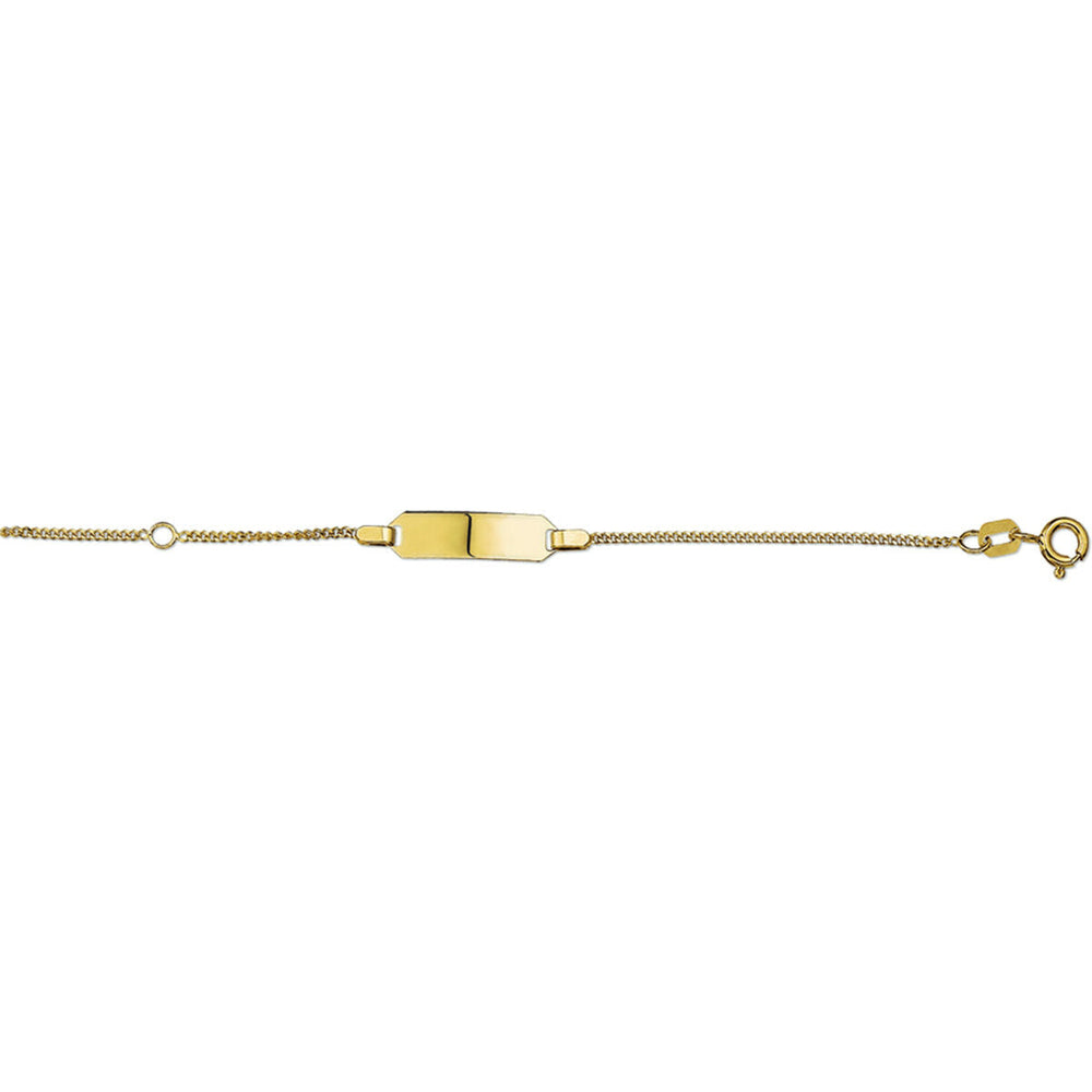 De Van der Kooij Collectie graveerarmband gourmet plaat 5 mm (11-13 cm) is een fijne geelgouden kinderarmband met een blanco rechthoekige naamplaat, fijne gourmet schakels en een veilige sluiting: perfect voor personalisatie.