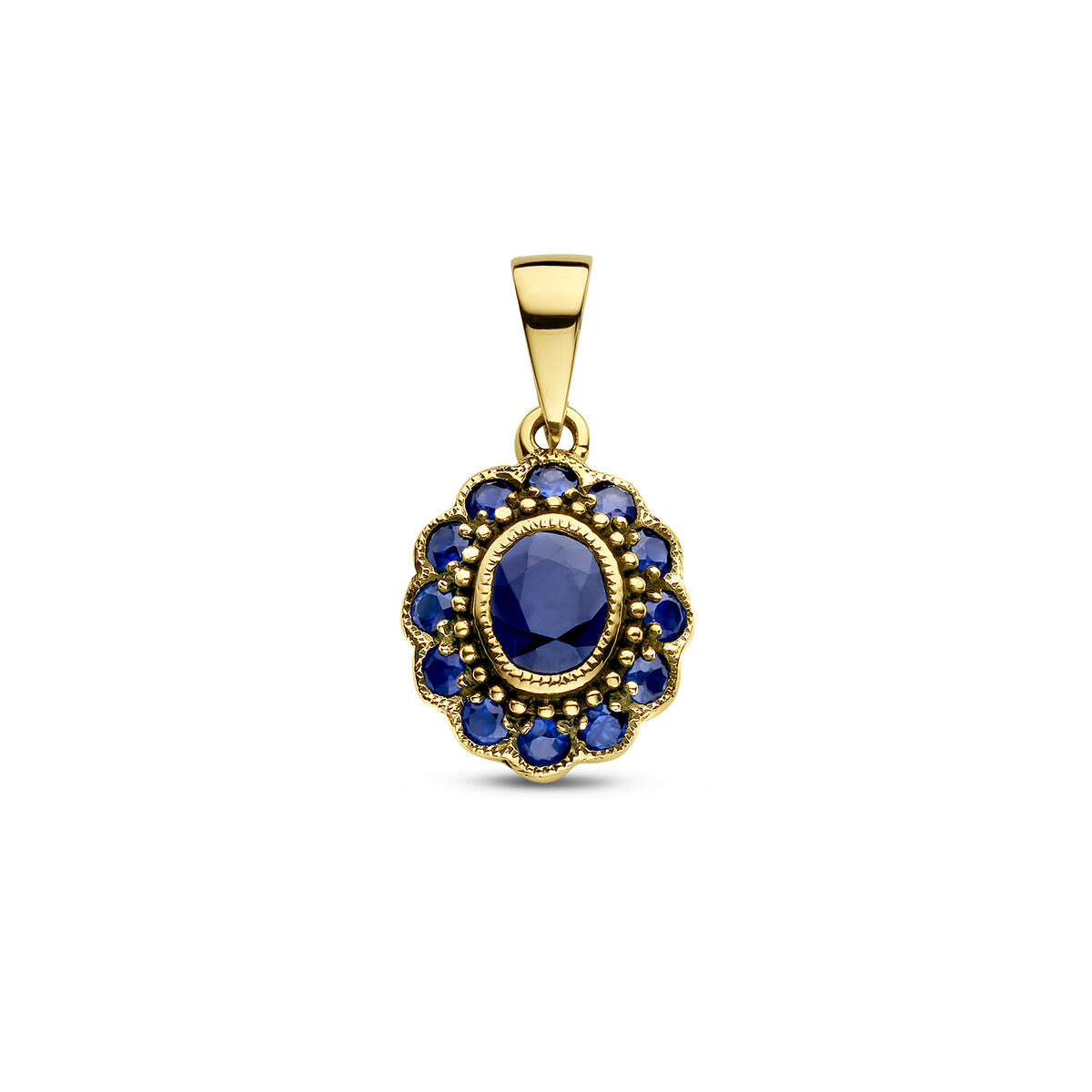 Hanger van 14K geelgoud met een centrale saffier en omlijsting van kleine blauwe steentjes.