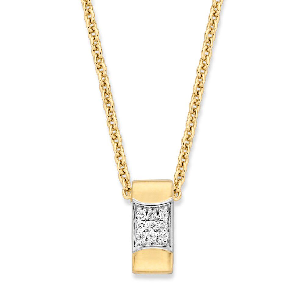 Geelgouden hanger met pavézetting en diamant, aan een fijne gouden ketting.