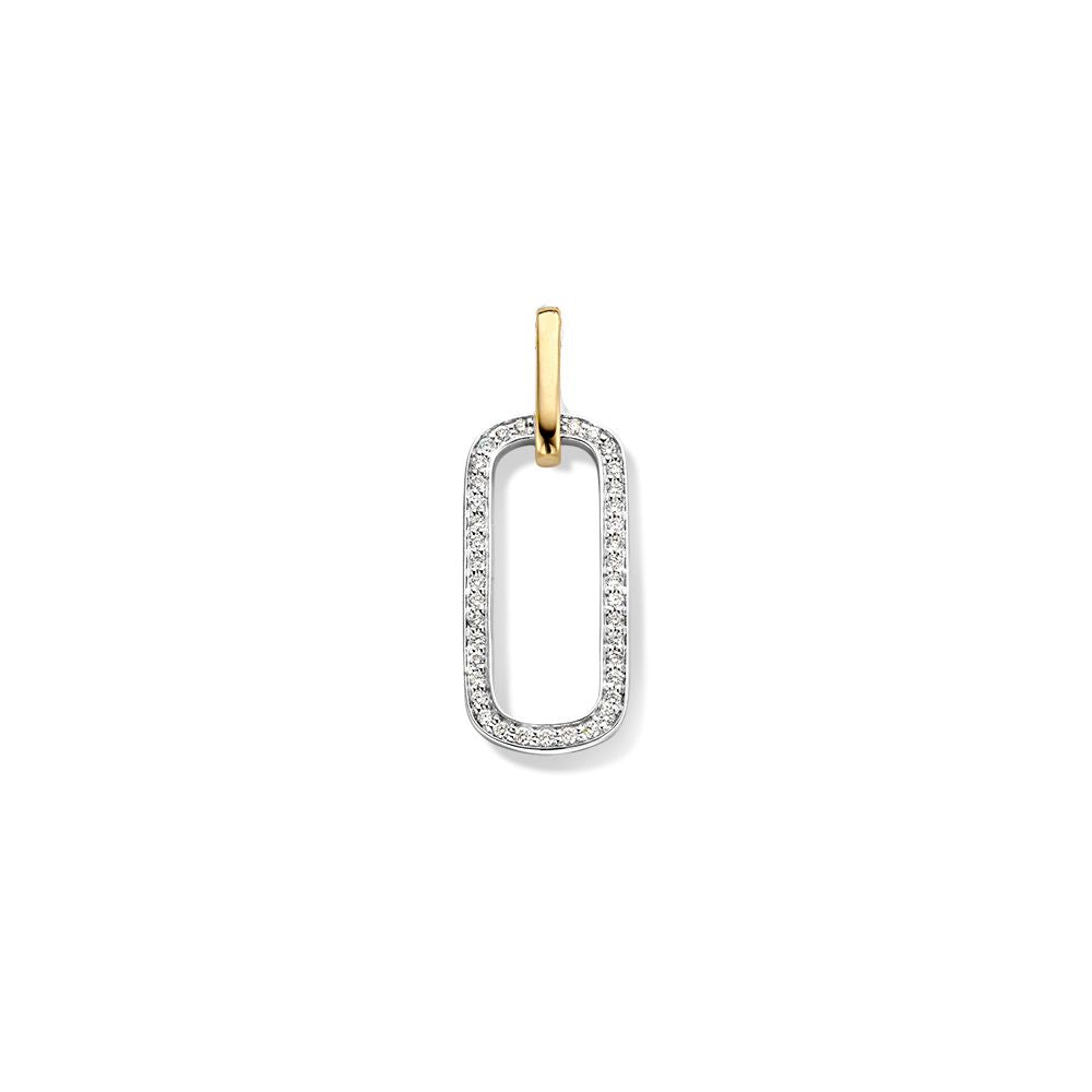 Geel/witgouden 14 karaat hanger met een opvallend, open ovaal ontwerp en 0,14 crt diamant.