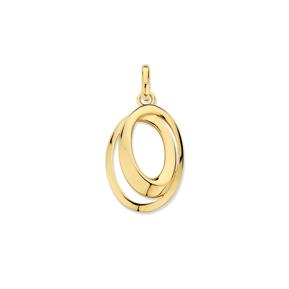 Geelgouden hanger met twee ovalen, verbonden cirkels in glanzende afwerking.