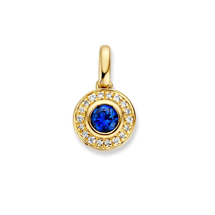 Geelgouden entourage hanger met een briljant geslepen blauwe saffier in het midden, omringd door diamanten.