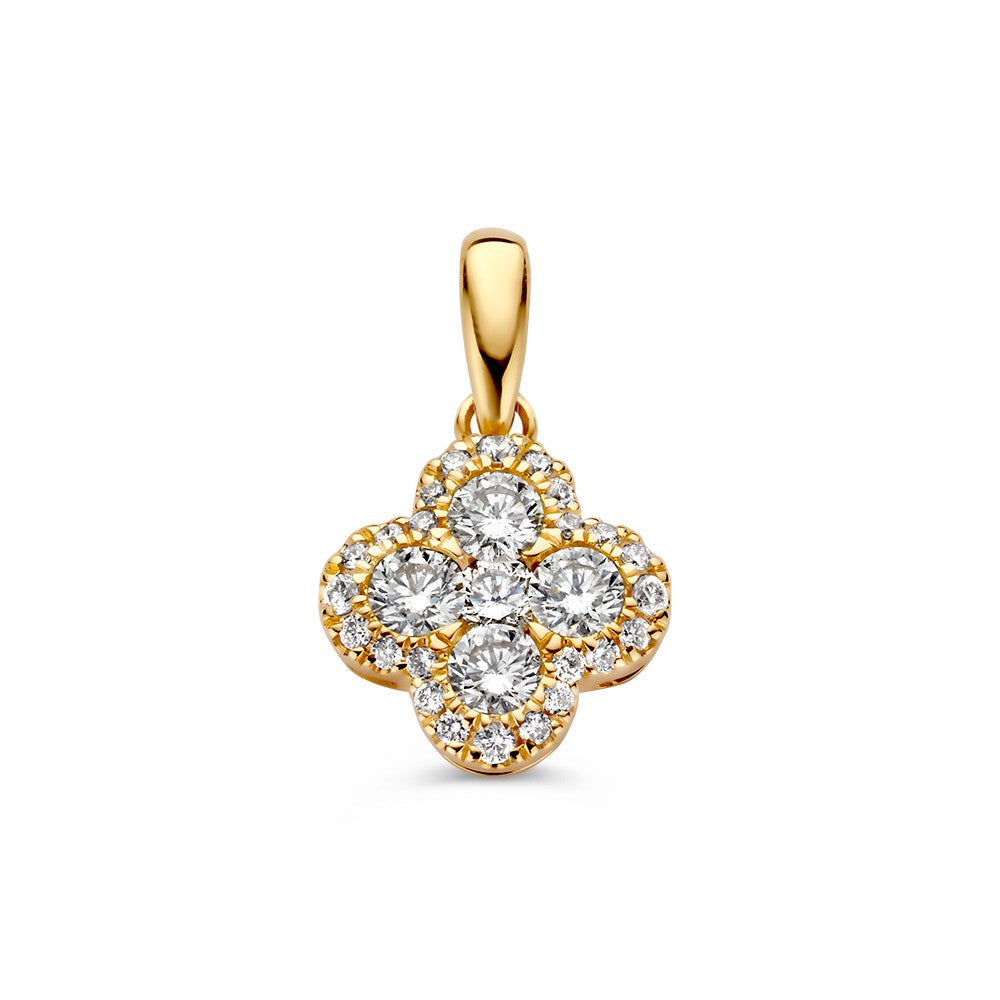 Żółty złoty wisiorek w kształcie kwiatu z diamentami o łącznej wadze 0,48 ct.