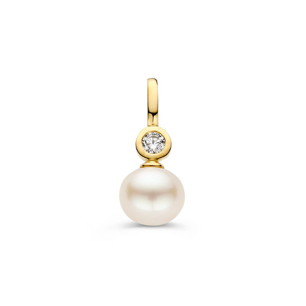 Geelgouden hanger met een parel en een zirkonia, eenvoudig en elegant ontwerp.
