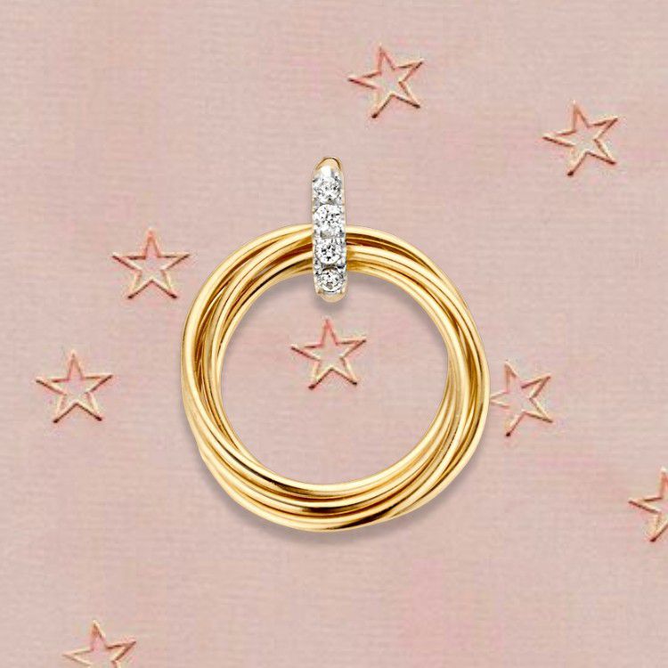 Bicolor złoty wisiorek z ruchomymi kółkami i cyrkonią – 14 karat, 1,1 grama, 14 mm