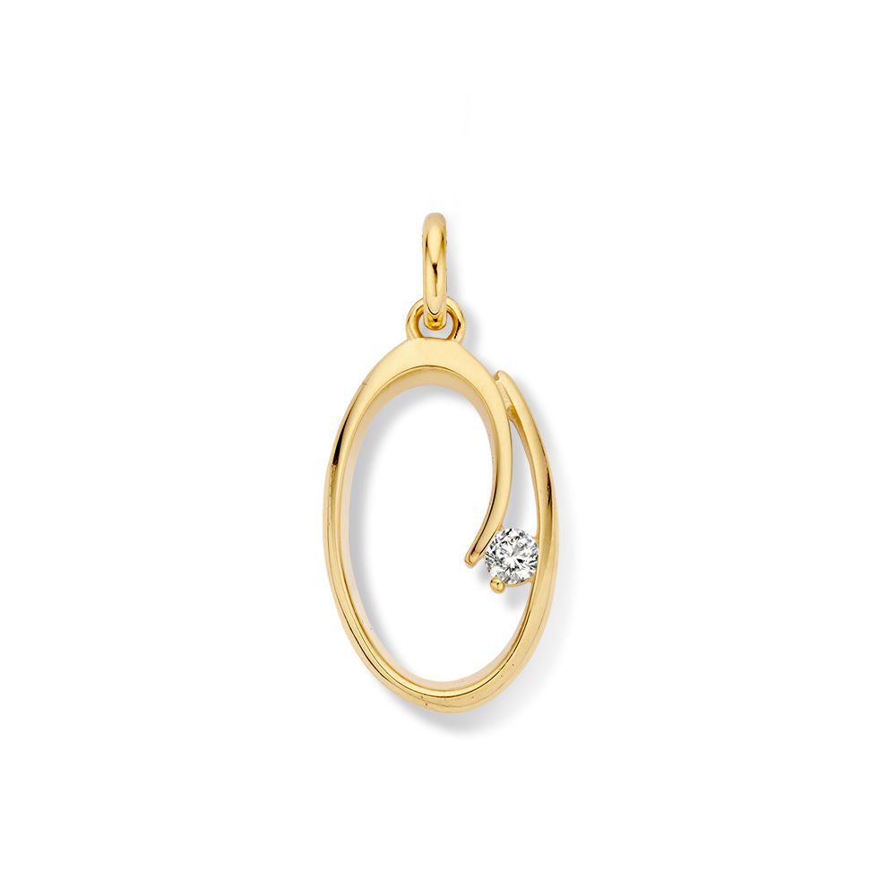 Geelgouden hanger in ovale vorm met een zirkonia-steentje, 22 mm x 11 mm.