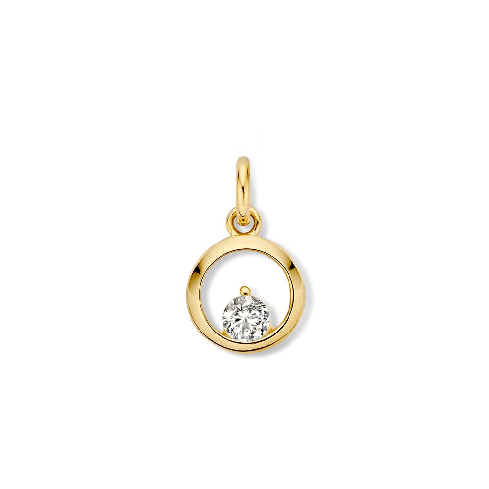 Geelgouden hanger met een ronde zirkonia in open zetting, diameter 10 mm.