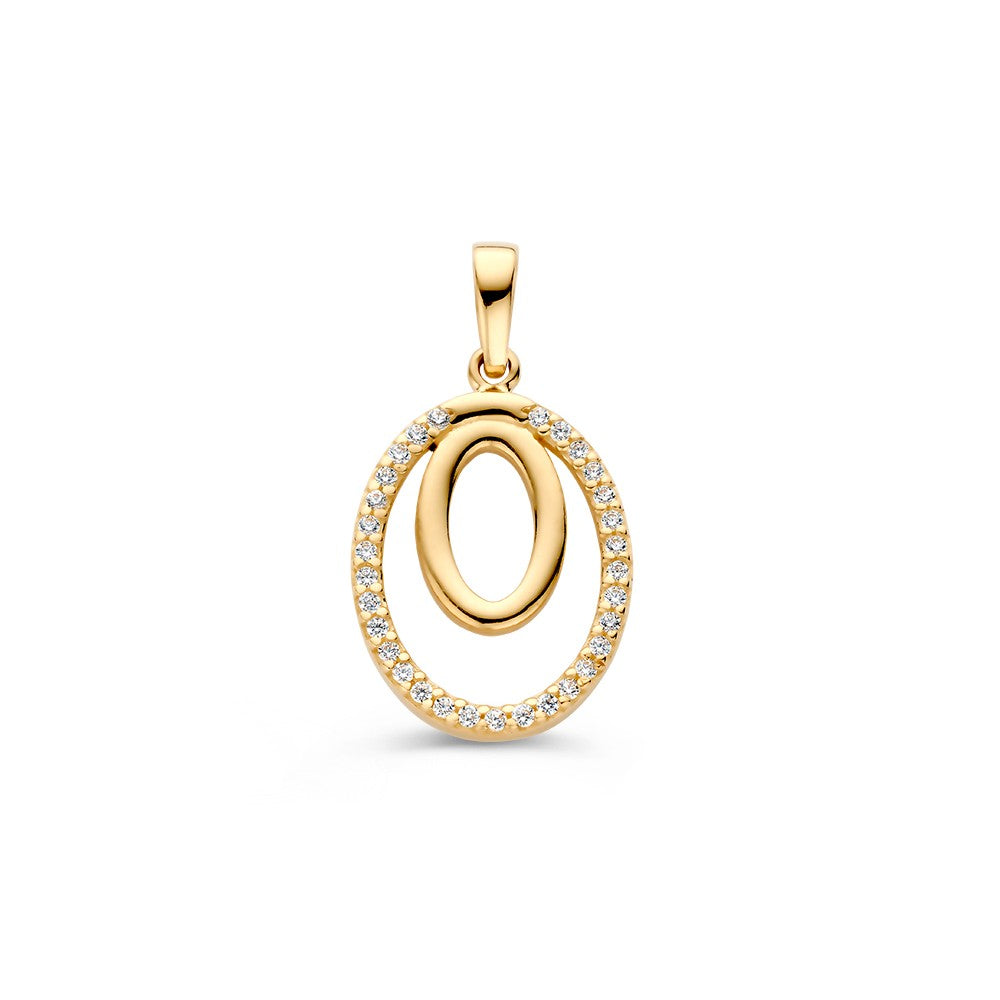 Geelgouden hanger in ovale vorm met een rand van kleine diamanten.