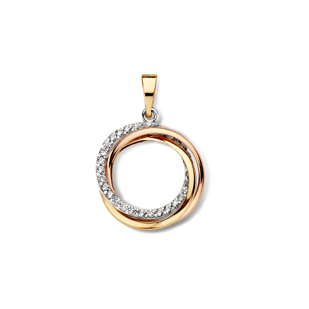 De Excellent Jewelry Tricolor hanger van verbonden cirkels met zirkonia's (14 karaat, 1,1 g, 20x15 mm) heeft verstrengelde rosé-, geel- en witgouden ringen met fonkelende zirkonia's op een effen gouden bail.