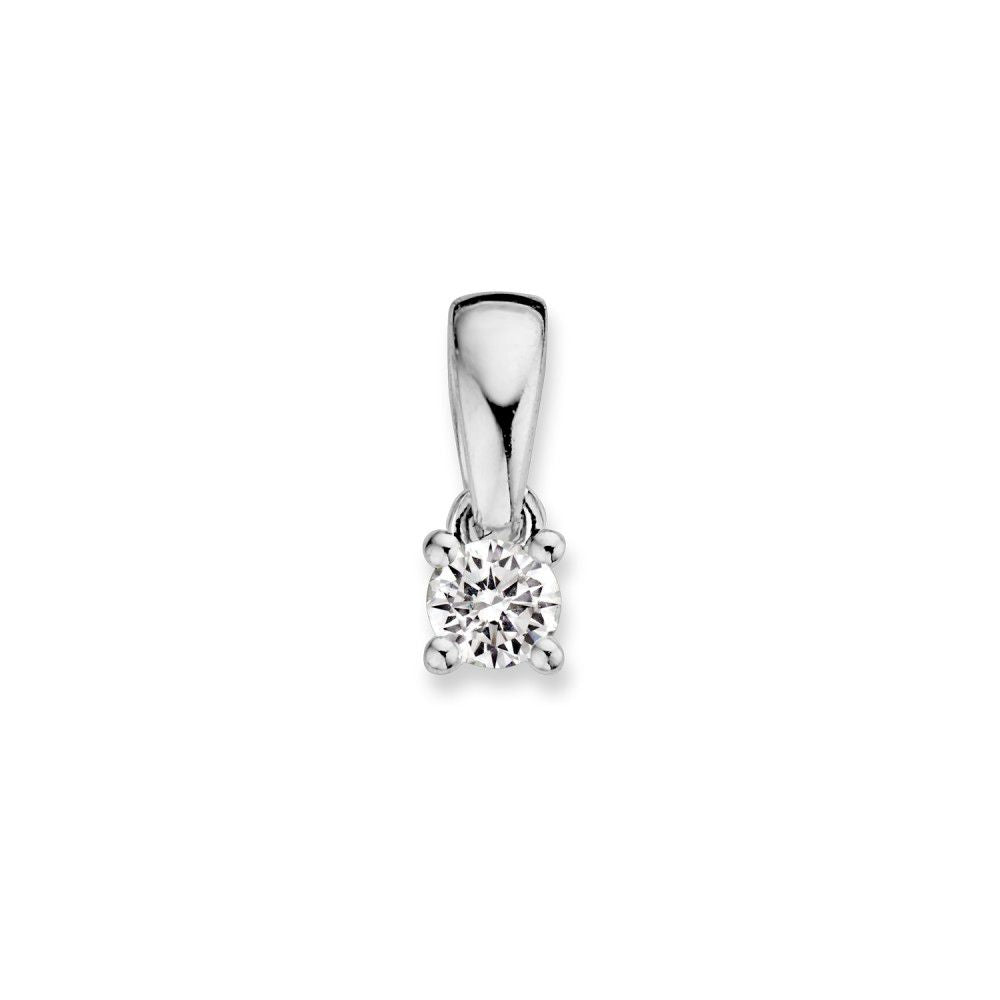 Witgouden hanger met een 0,10ct briljant diamant, eenvoudig en tijdloos ontwerp.