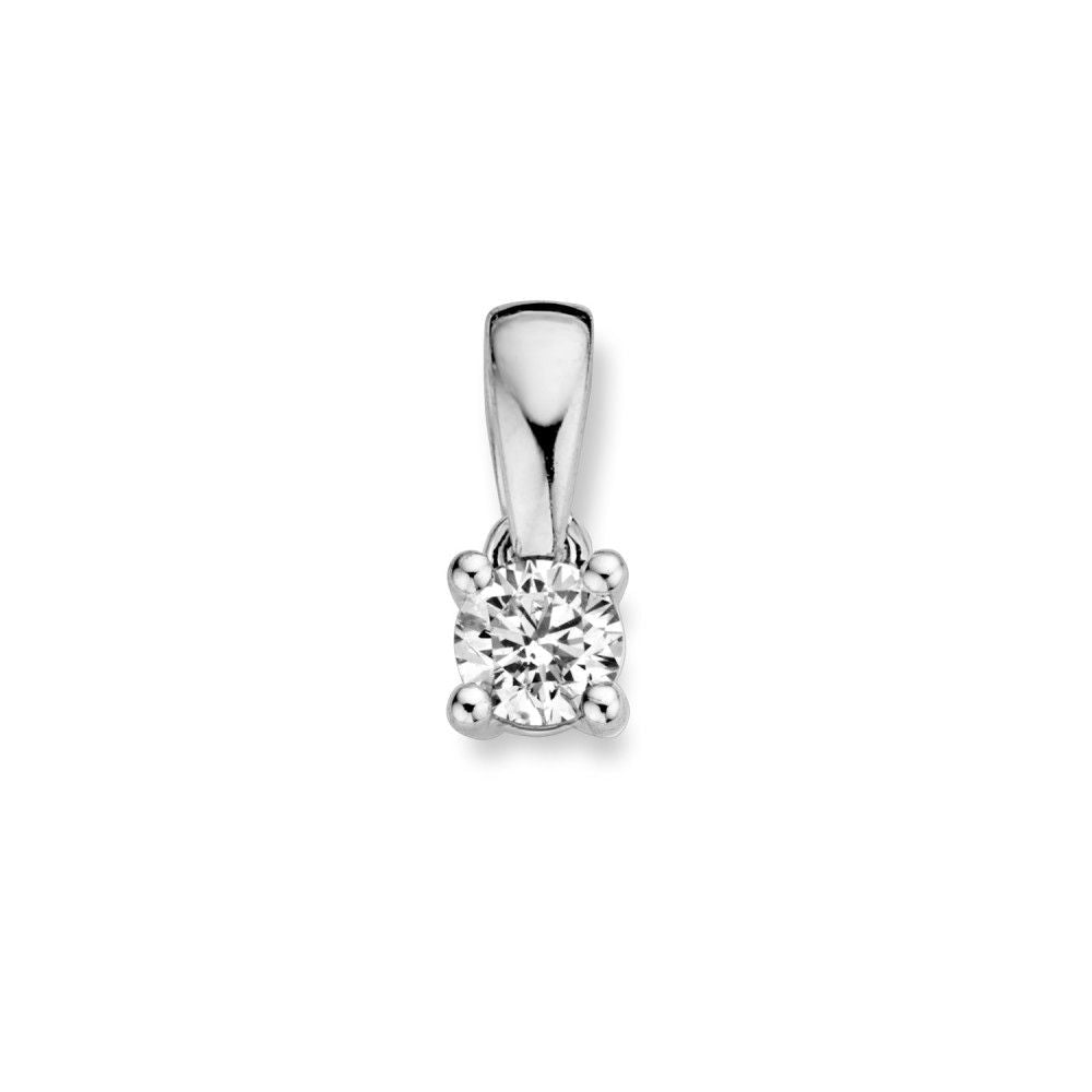 Witgouden solitair hanger met een 0,16 ct briljant diamant, vierkante zetting en glanzende afwerking.