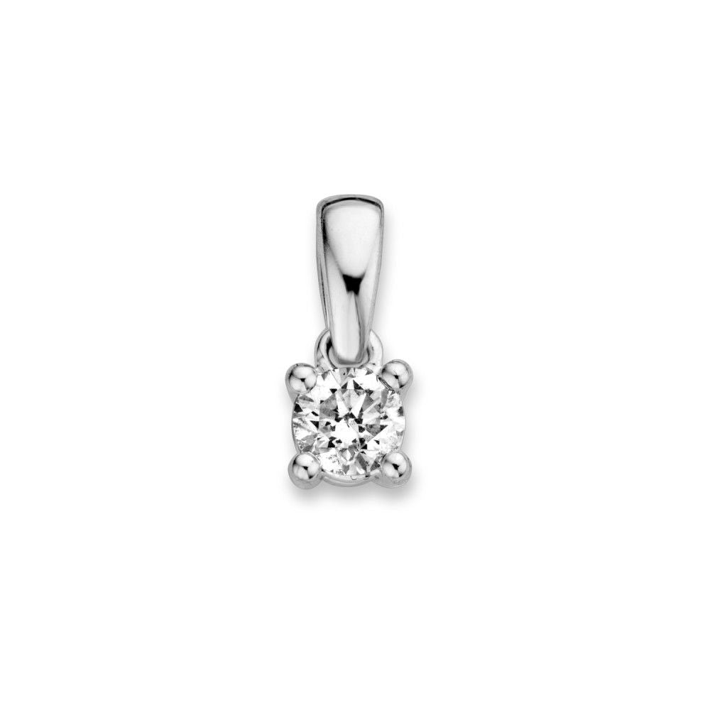 Witgouden 14 karaat solitair hanger met een 0,19ct briljant diamant, eenvoudig en tijdloos ontwerp.