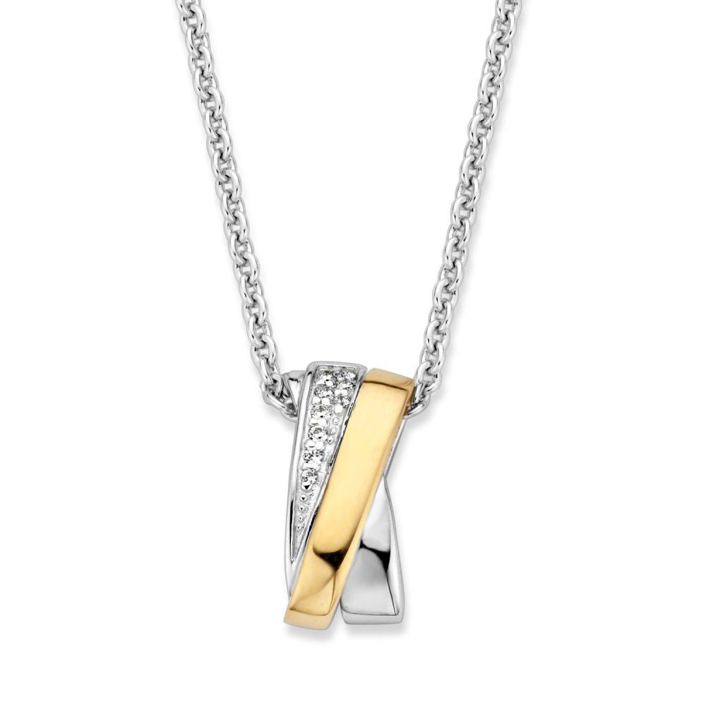 Zilveren en gouden hanger met witte zirkonia, 17 mm, met een moderne, gewelfde vorm.