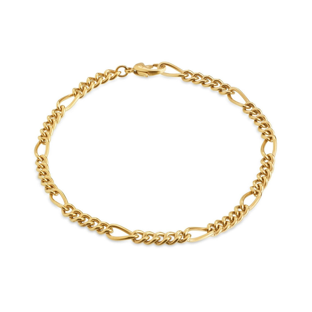 De Boccia Titanium Armband gp 03051-02 van Boccia heeft afwisselend kleine ovale en figaro schakel gedraaide gouden schakels met een karabijnsluiting, weergegeven in een ronde vorm op een witte achtergrond.