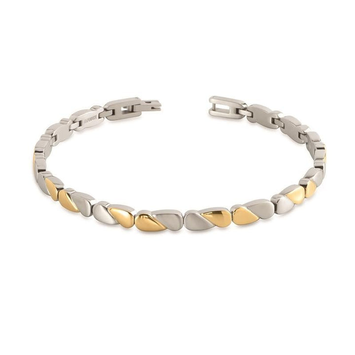 De Boccia Titanium Armband Bicolor 03016-02 heeft zilverkleurige en goudkleurige kiezelschakels, elegant gebogen en afgebeeld op een witte achtergrond.
