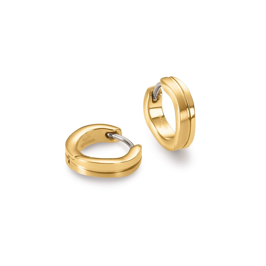 Boccia Titanium Oorringen gp 0563-06: kleine goudkleurige oorbellen van Boccia met een glad gepolijst oppervlak, fijne groefdetails en een handige scharnier sluiting.