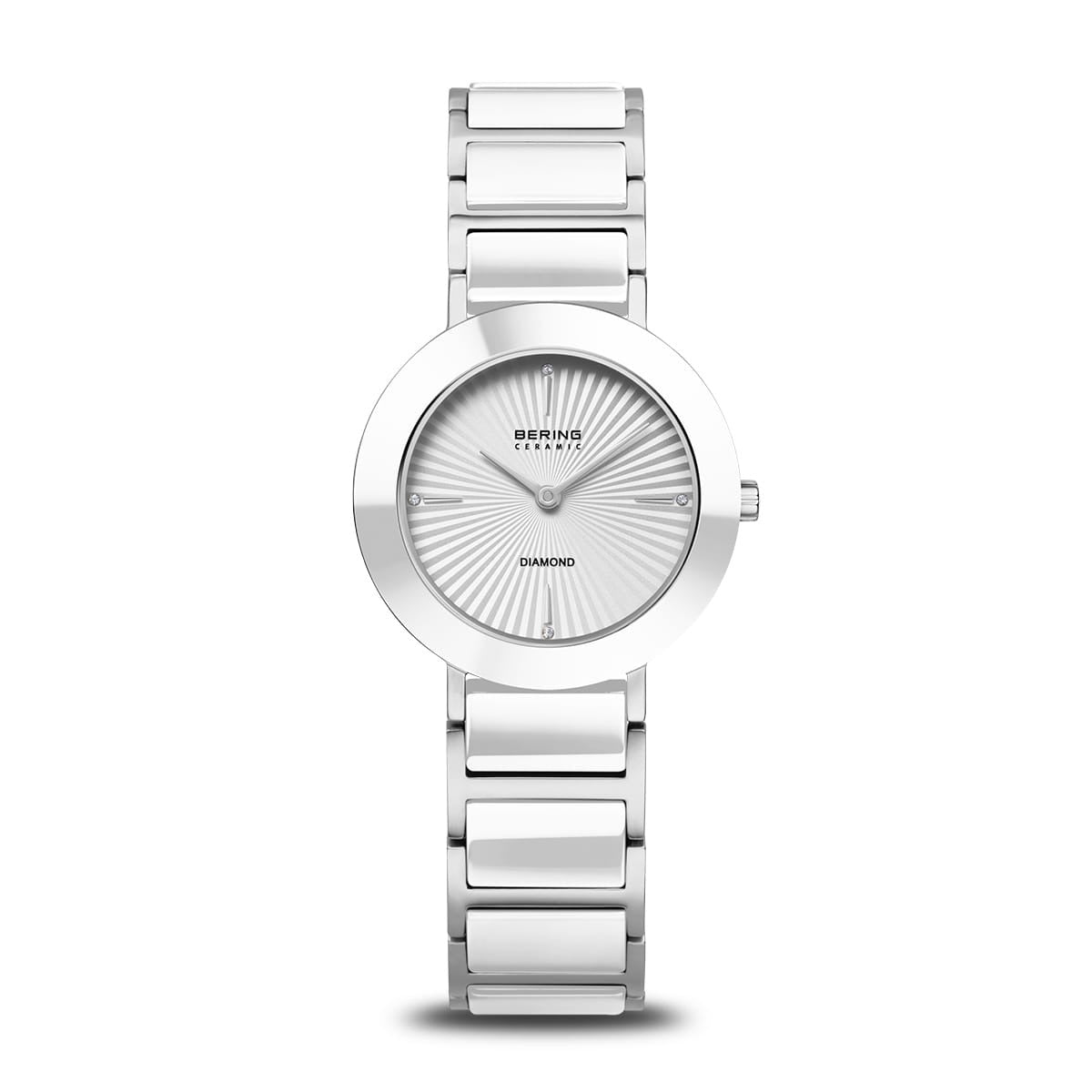 Zegarek z białą tarczą, okrągła koperta, metalowa bransoleta, minimalistyczny design.