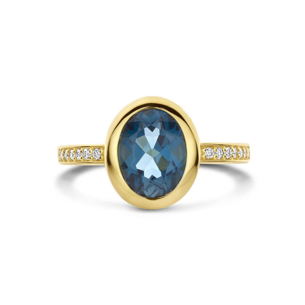 Złoty damski pierścionek z topazem London Blue i diamentem – 14k żółte złoto