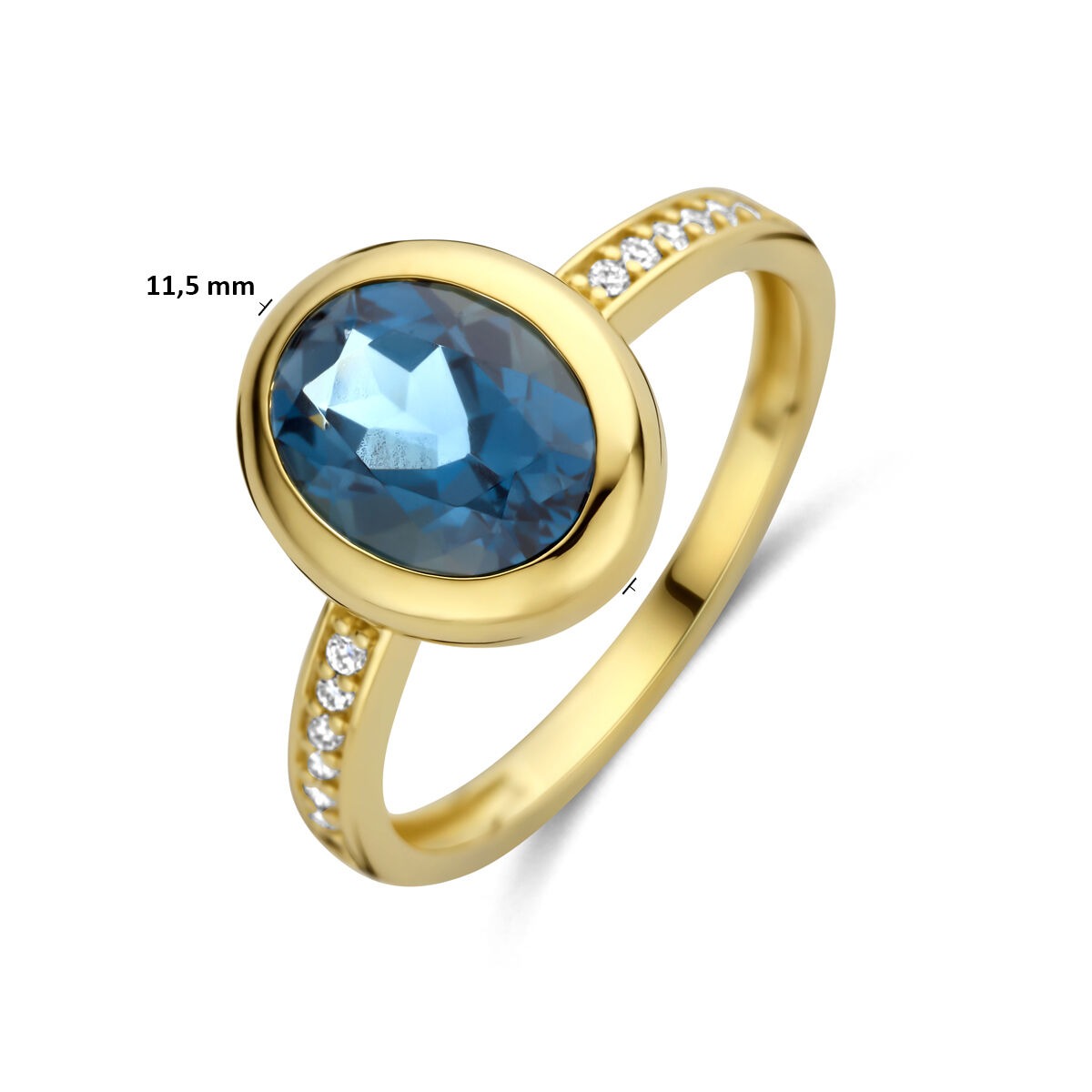 Złoty damski pierścionek z topazem London Blue i diamentem – 14k żółte złoto