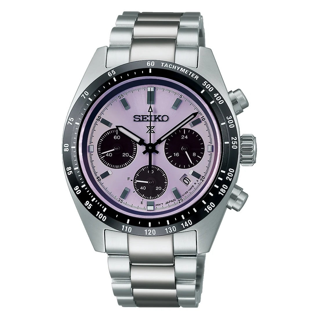 Zegarek męski Seiko Prospex SSC955P1 z różową tarczą, stalową kopertą i bransoletą.