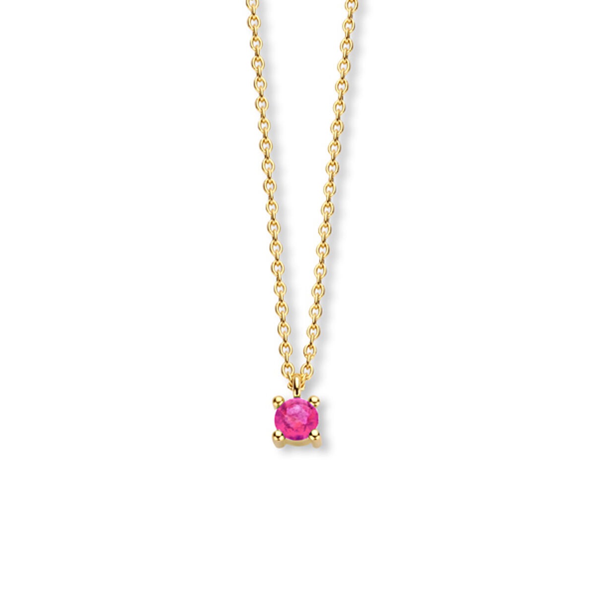 Geelgouden collier met een ronde, roze toermalijn als hanger.