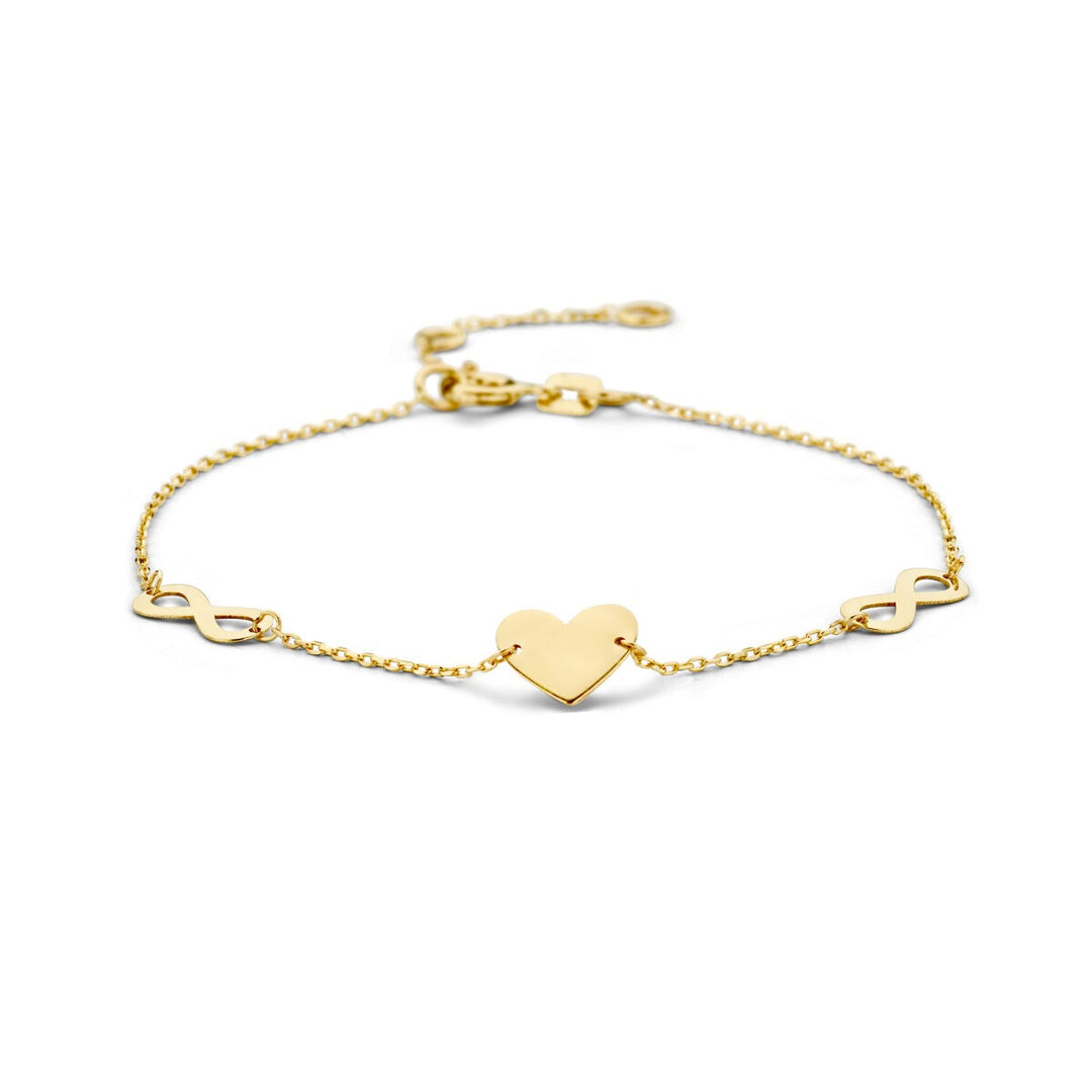 9k geelgouden armband met een hart en infinity-symbool, fijne schakelketting met glanzende afwerking.
