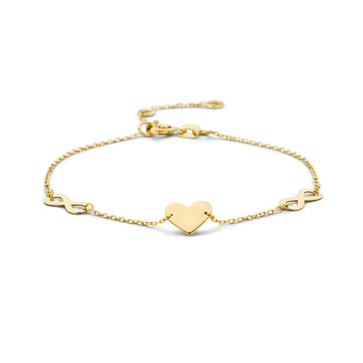 9k geelgouden armband met een hart en infinity-symbool, fijne schakelketting met glanzende afwerking.
