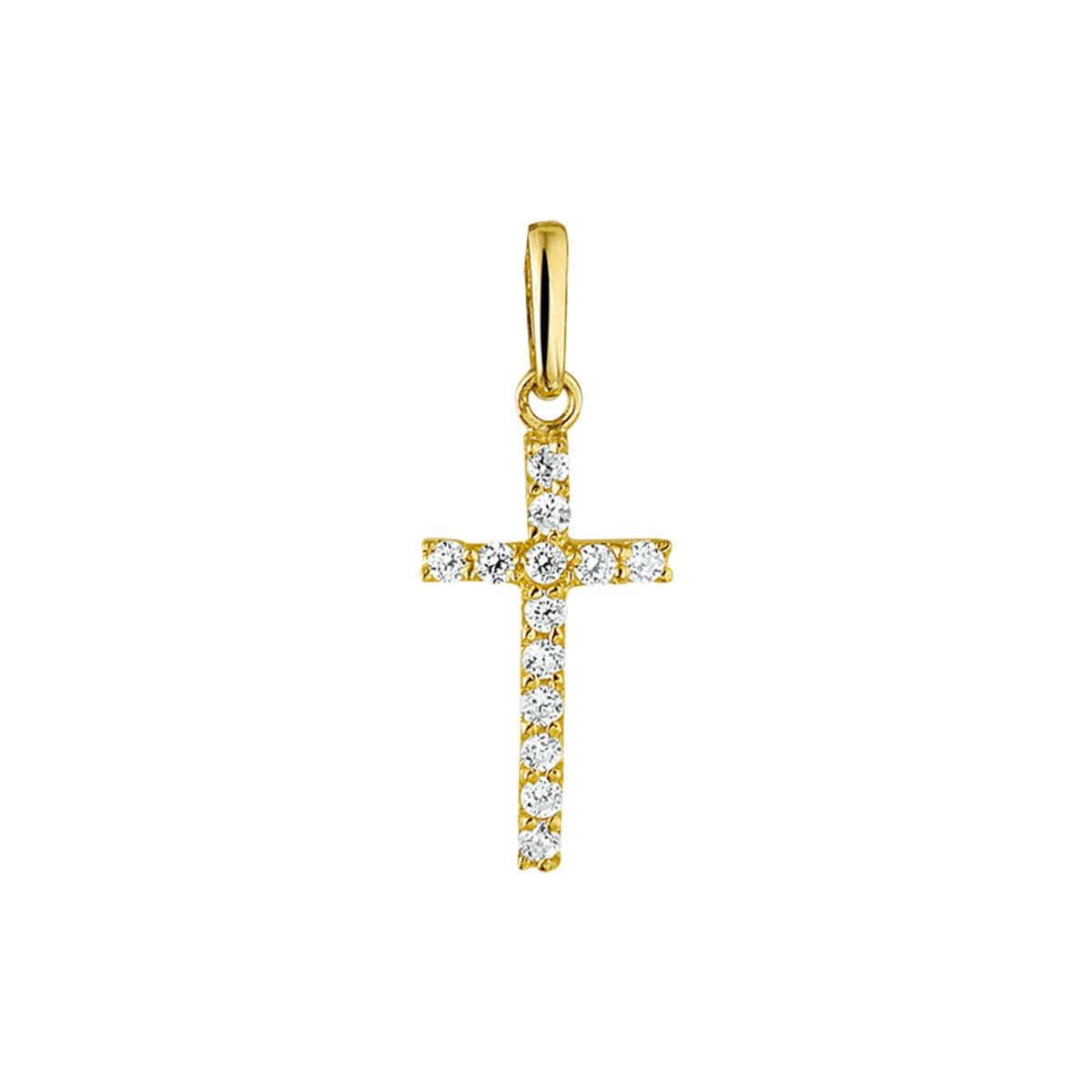 Geelgouden kruis hanger bezet met zirkonia, met een glanzende afwerking en een eenvoudige, elegante vorm.