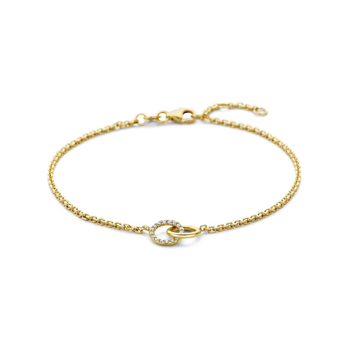 Złota bransoletka 14k z diamentem lab-grown 0,09 ct, delikatny łańcuszek z okrągłym zapięciem.