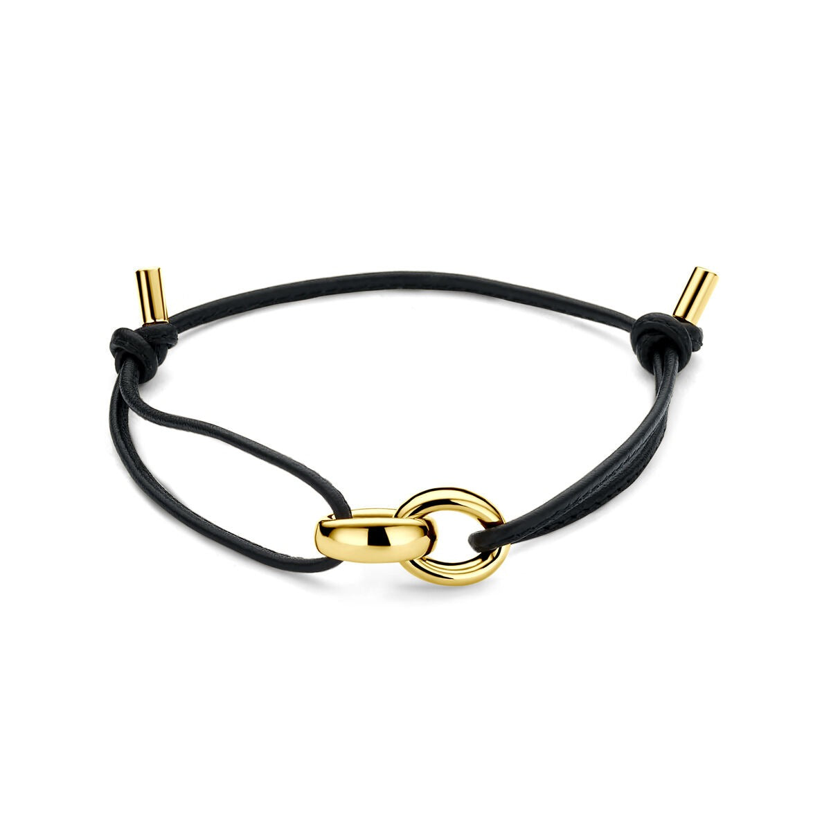 Zwarte leren dames armband met een 18k geelgouden schakel en verstelbare sluiting.