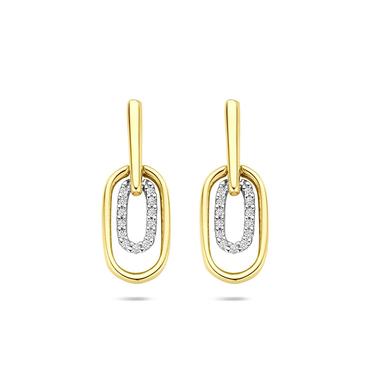 Bicolor kolczyki z diamentami – żółte i białe złoto, wysokość 20 mm, z ozdobnymi elementami.