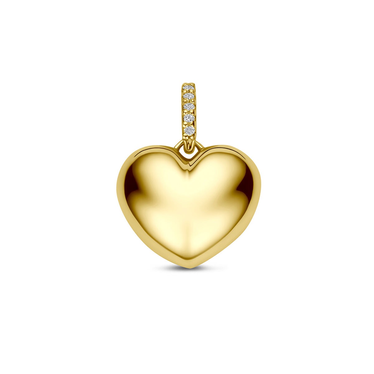 Geelgouden hart hanger met glanzende afwerking en een rijtje kleine diamanten aan de bovenkant.