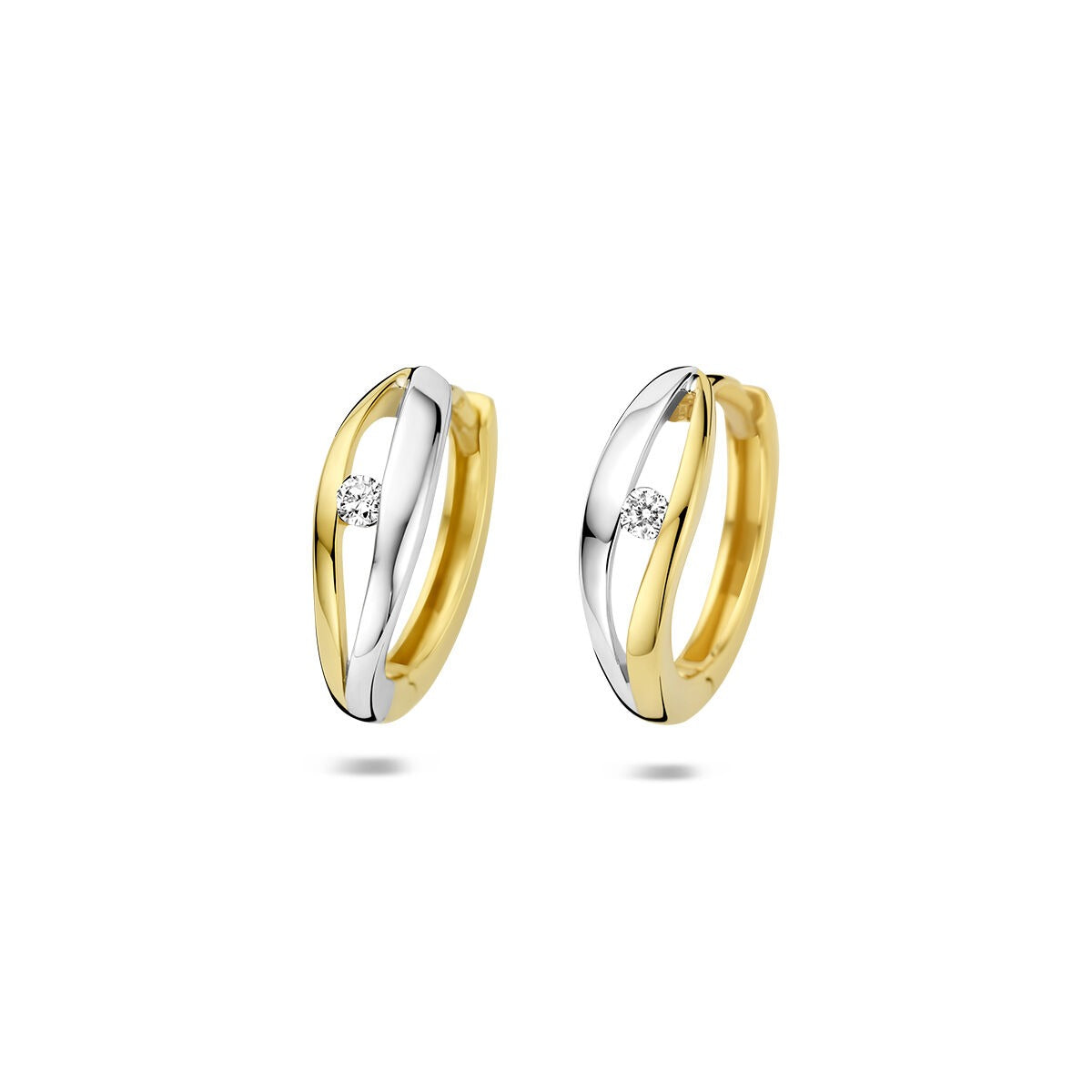Bicolor klapoorringen van 14k goud en zilver met een lab grown diamant in het midden.