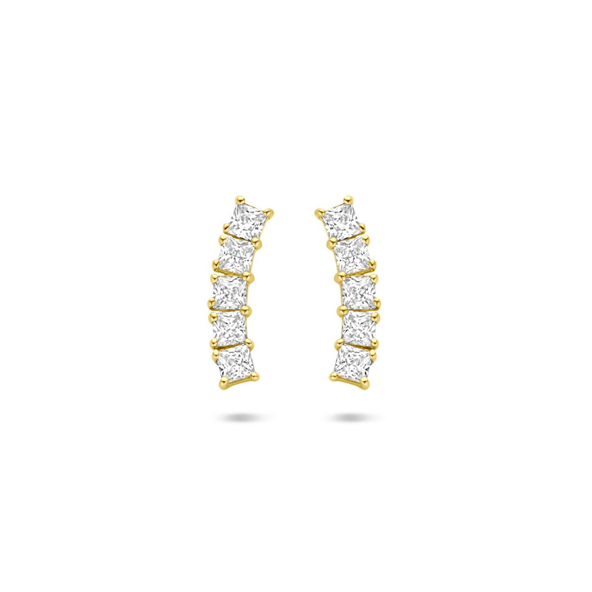 Gouden oorknoppen van 14k met zirkonia, in een gebogen vorm en een diameter van 12 mm.