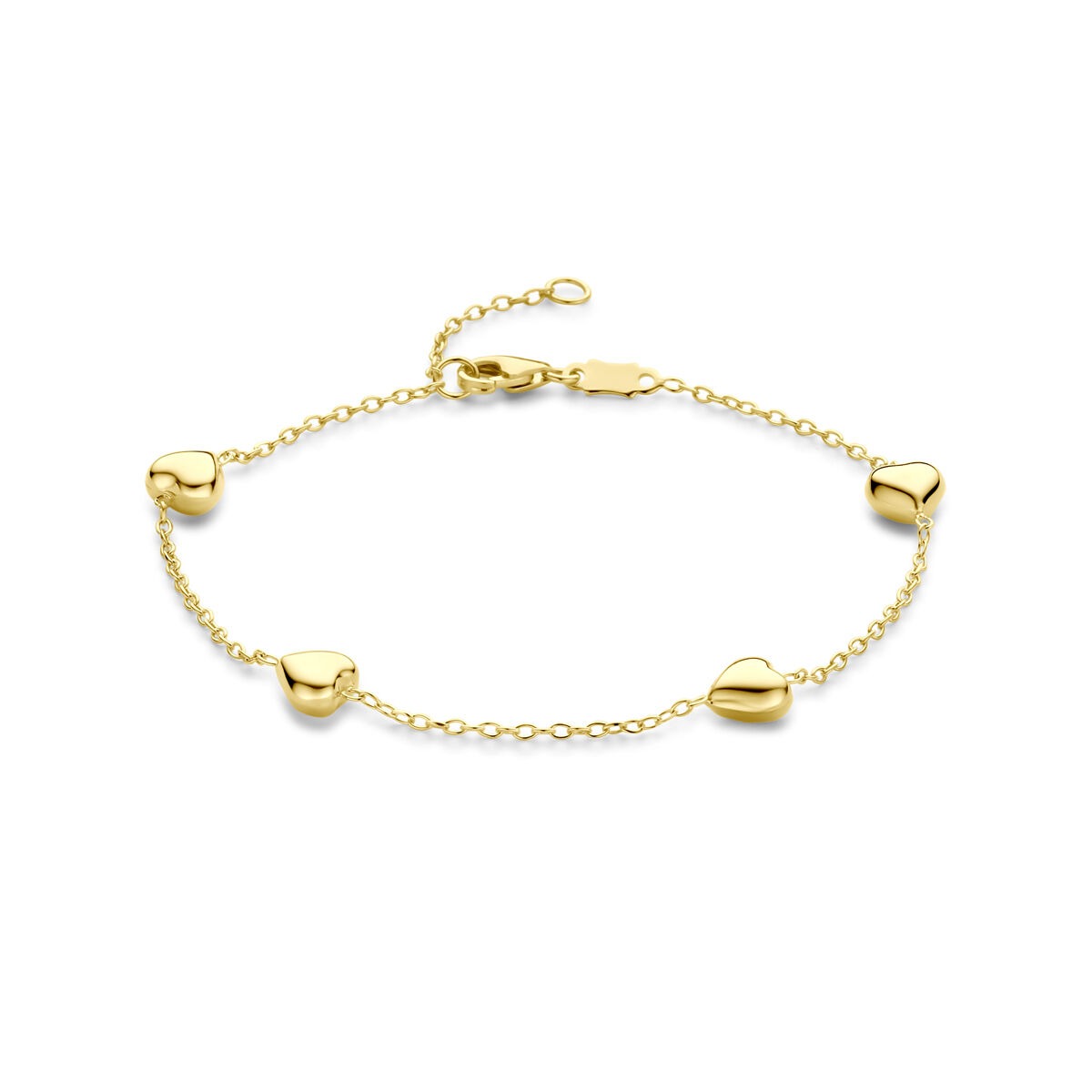 Złota bransoletka z serduszkami, długość 16-18 cm, delikatny łańcuszek.
