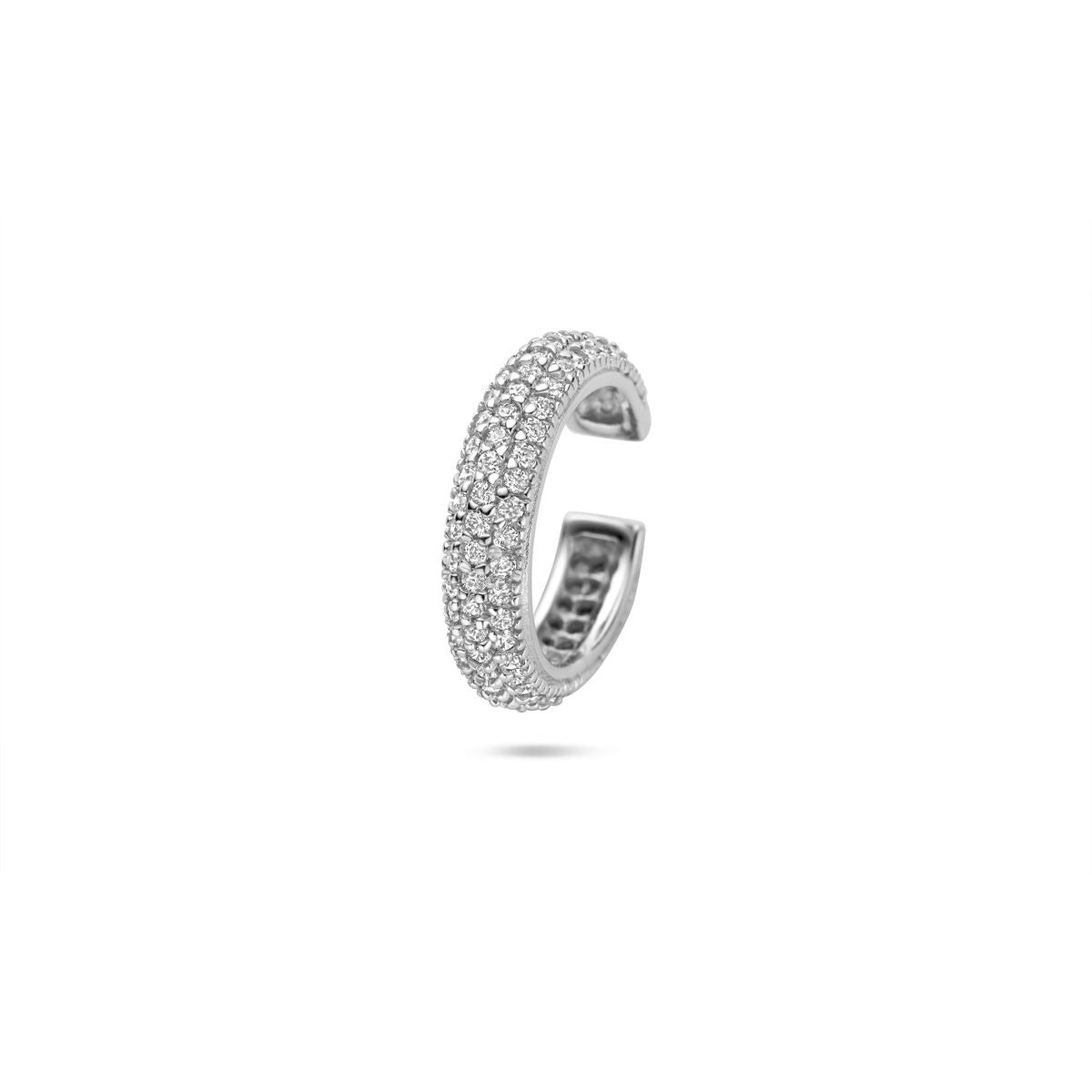 Srebrny ear cuff z cyrkoniami w oprawie pavé, pokryty rodem, wykonany z srebra 925.