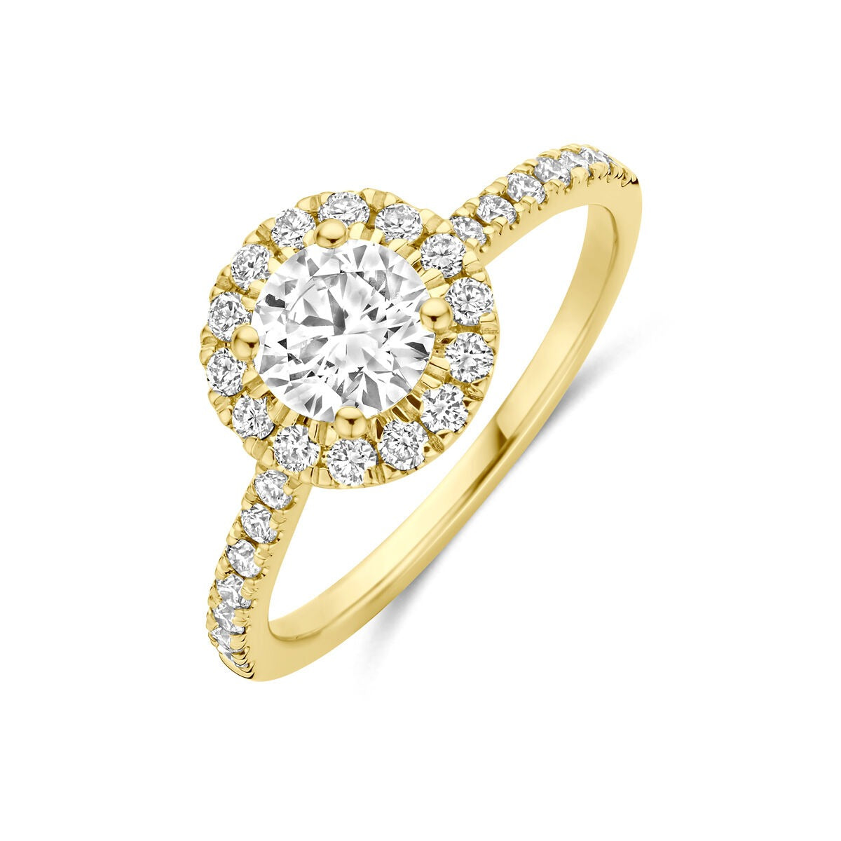 Pierścionek z 14k żółtego złota z lab-grown diamentem o wadze 1,10 ct, ozdobiony drobnymi diamentami.