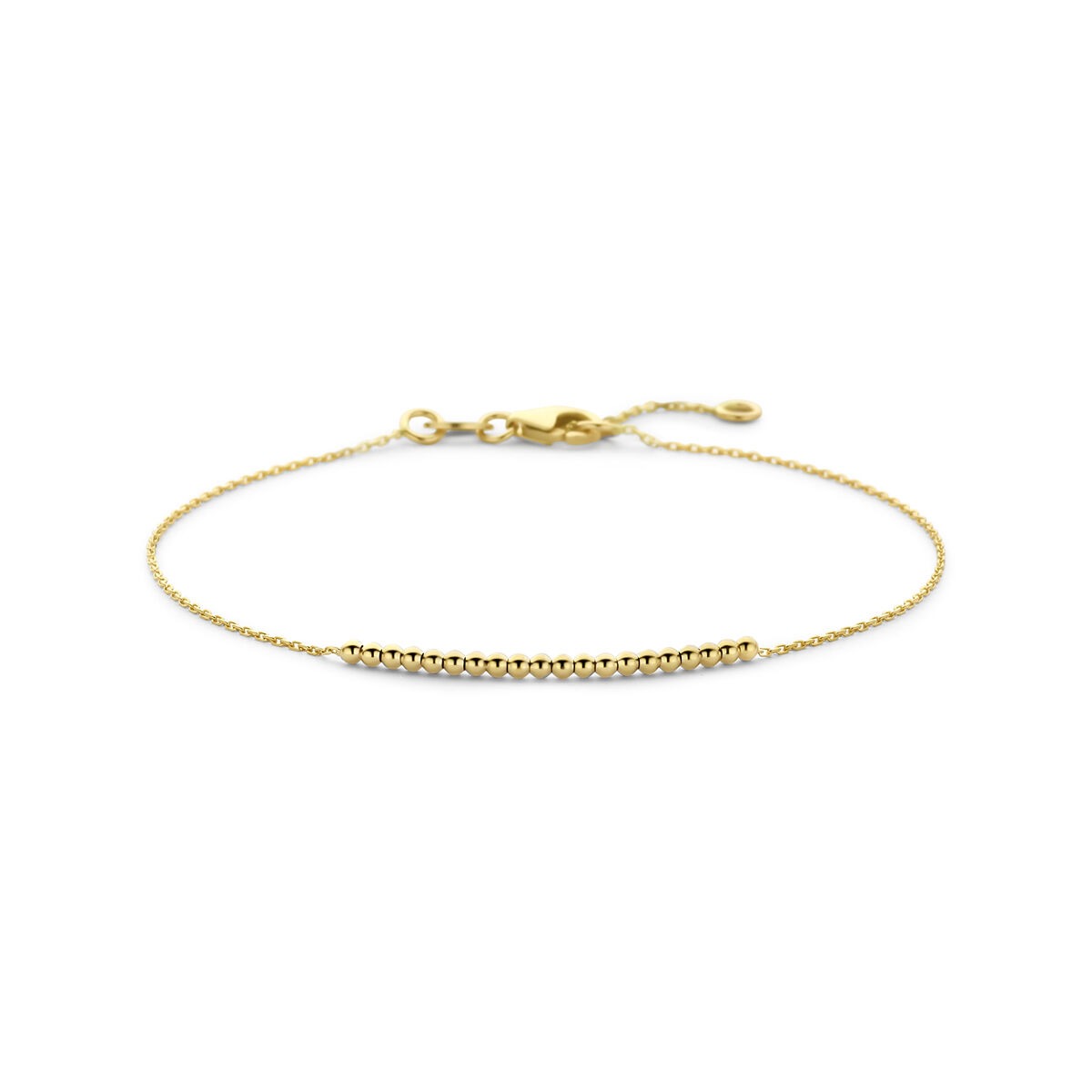 Geelgouden armband met bolletjes en een fijne schakel, voorzien van een sluiting.